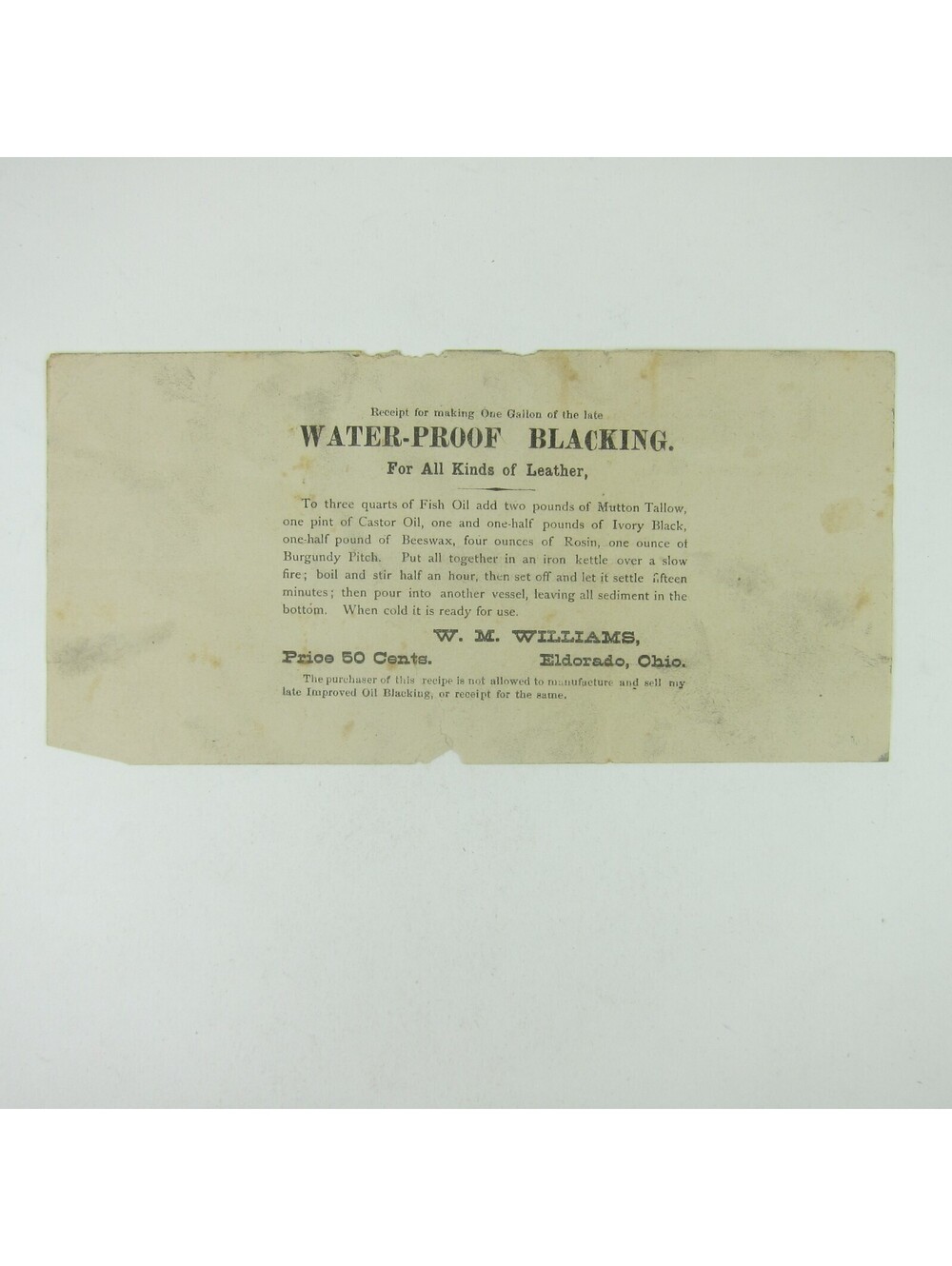 W.M. Williams Eldorado Ohio Water-proof Blacking for Leather Advertising Antique